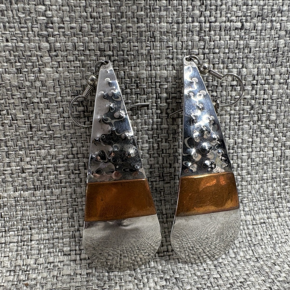 1994 Artisan Signed Tito PR Mixed Metal Hammered Teardrop Dangle Earrings Vtg